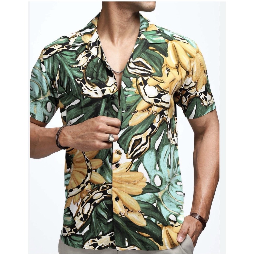 H&M‎ Shirt, Men's Size Medium , Green Yellow Black Brown, Hawaiian Button Up